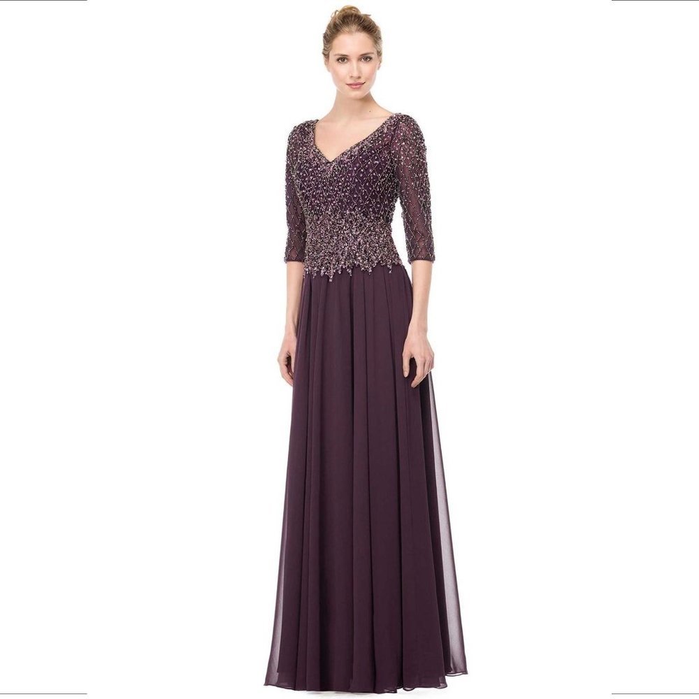 Marsoni formal gown maxi dress beading chiffon plum purple silver MOB 12